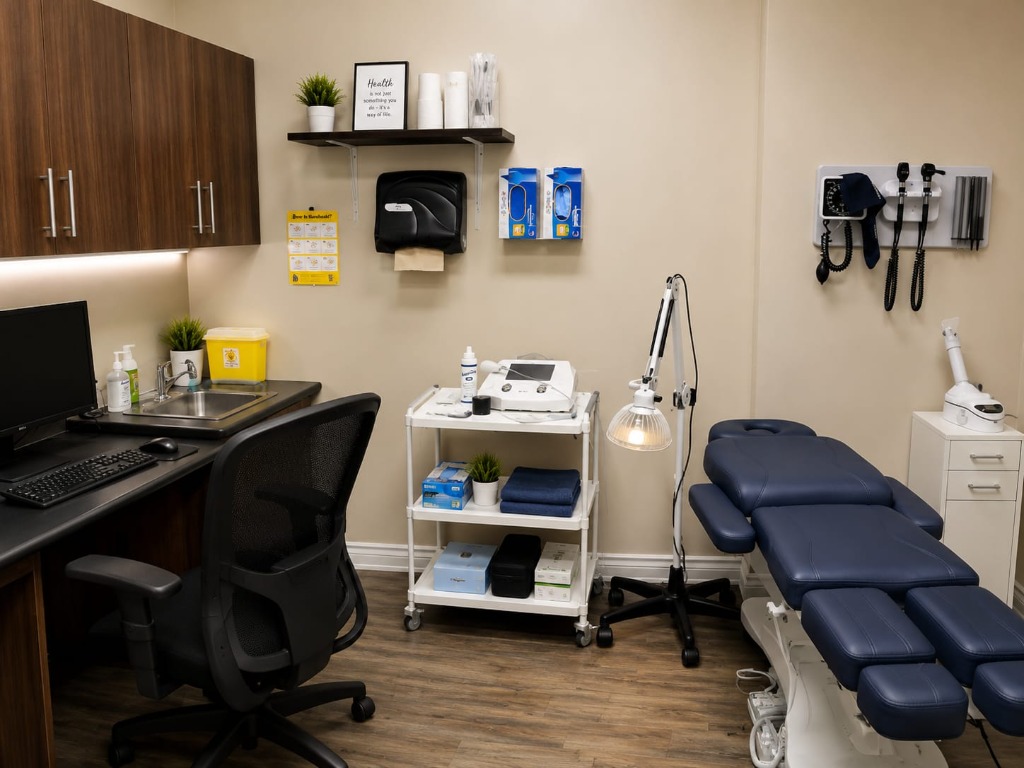 Warm, softly lit physiotherapy treatment room at Sharon Physiotherapy