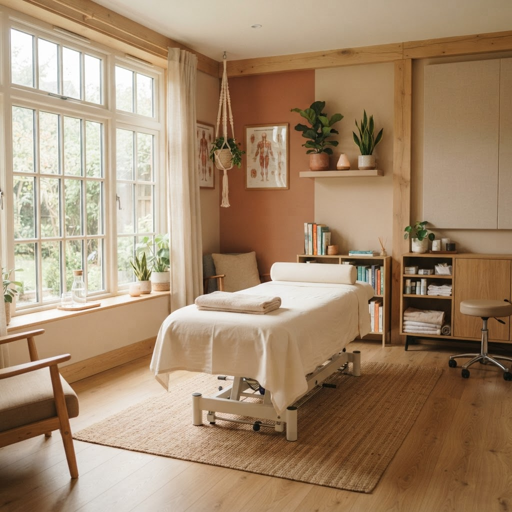 Warm, softly lit physiotherapy treatment room at Sharon Physiotherapy